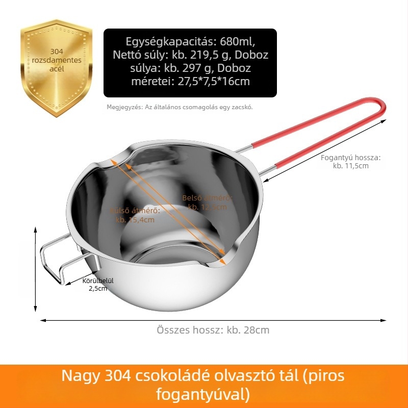 Rozsdamentes acélból készült csokoládéolvasztó edény, kör alakú, kapacitás 400 ml / 680 ml, sütéshez