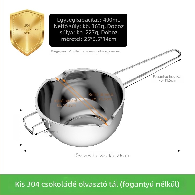 Rozsdamentes acélból készült csokoládéolvasztó edény, kör alakú, kapacitás 400 ml / 680 ml, sütéshez