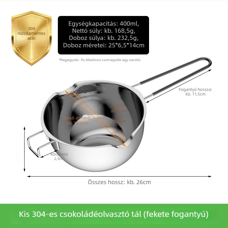Rozsdamentes acélból készült csokoládéolvasztó edény, kör alakú, kapacitás 400 ml / 680 ml, sütéshez
