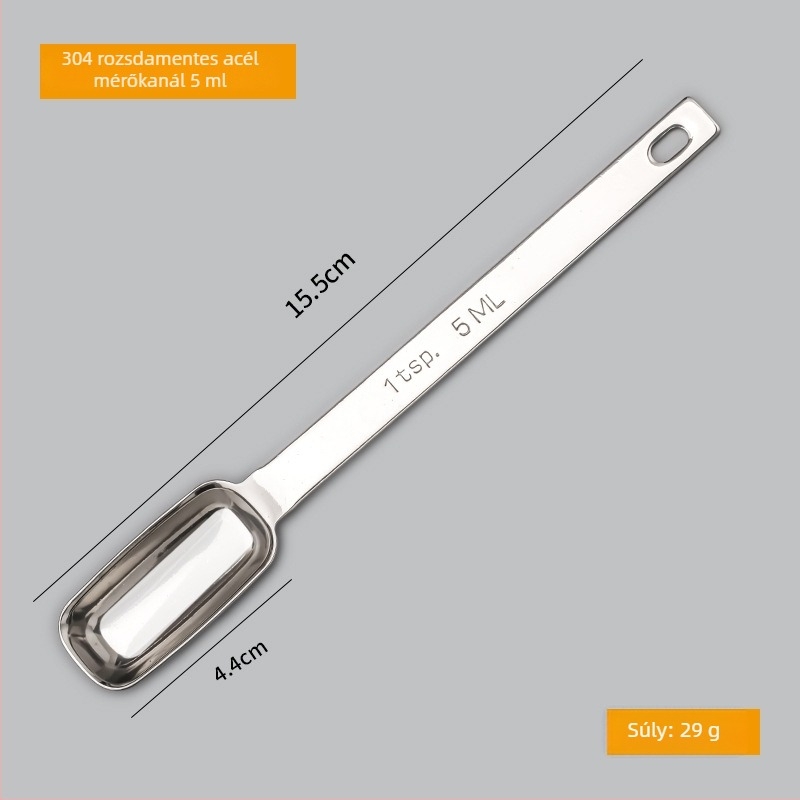 304 rozsdamentes acél mérőkanál készlet skálával; kapacitások 0.63/1.25/2.5/3.75/5/15 ml; fényes felület