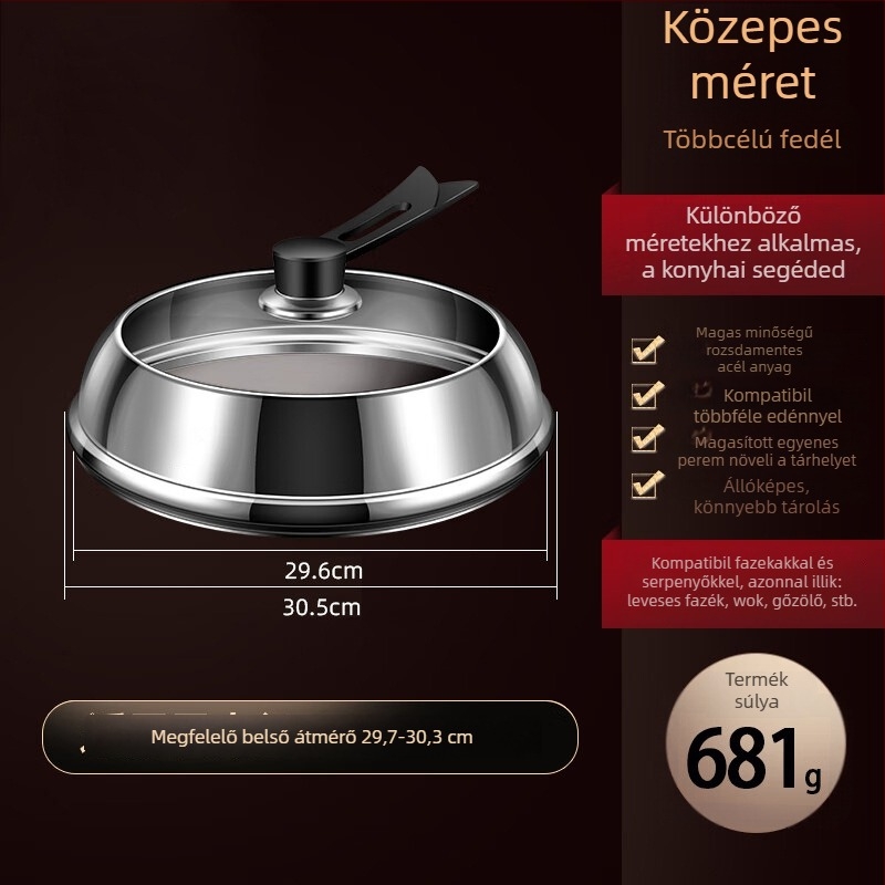 Rozsdamentes acélból készült edényfedél átlátszó üveggel, kiemelt dizájn, szigetelt fa fogantyú, 970 g