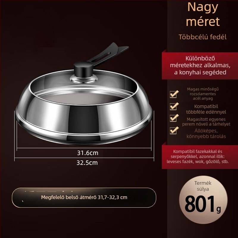 Rozsdamentes acélból készült edényfedél átlátszó üveggel, kiemelt dizájn, szigetelt fa fogantyú, 970 g