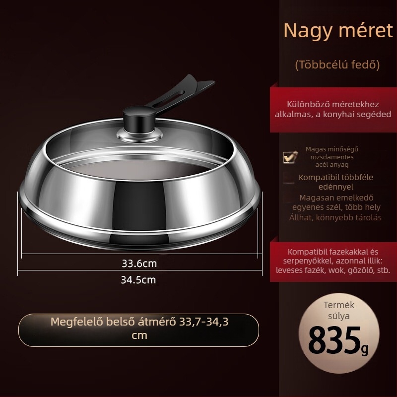 Rozsdamentes acélból készült edényfedél átlátszó üveggel, kiemelt dizájn, szigetelt fa fogantyú, 970 g