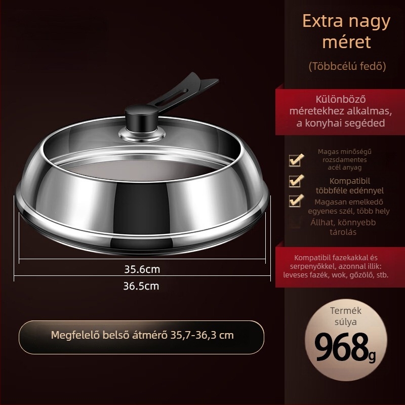 Rozsdamentes acélból készült edényfedél átlátszó üveggel, kiemelt dizájn, szigetelt fa fogantyú, 970 g