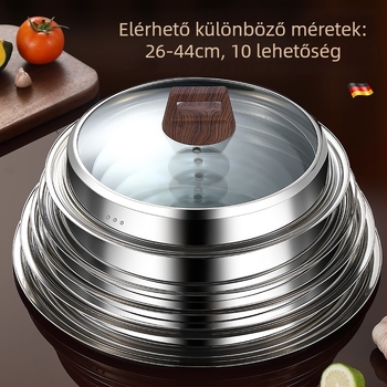 Kerek edényfedő wokhoz, edzett üveg, rozsdamentes acél kivitel, magas hőmérsékletnek ellenálló, univerzális