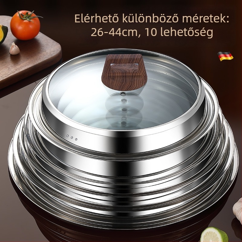 Kerek edényfedő wokhoz, edzett üveg, rozsdamentes acél kivitel, magas hőmérsékletnek ellenálló, univerzális