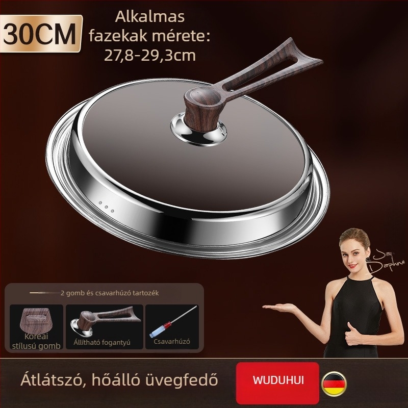Kerek edényfedő wokhoz, edzett üveg, rozsdamentes acél kivitel, magas hőmérsékletnek ellenálló, univerzális