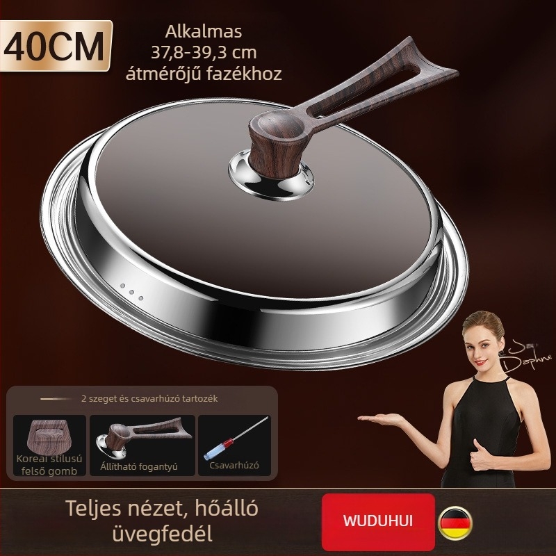 Kerek edényfedő wokhoz, edzett üveg, rozsdamentes acél kivitel, magas hőmérsékletnek ellenálló, univerzális