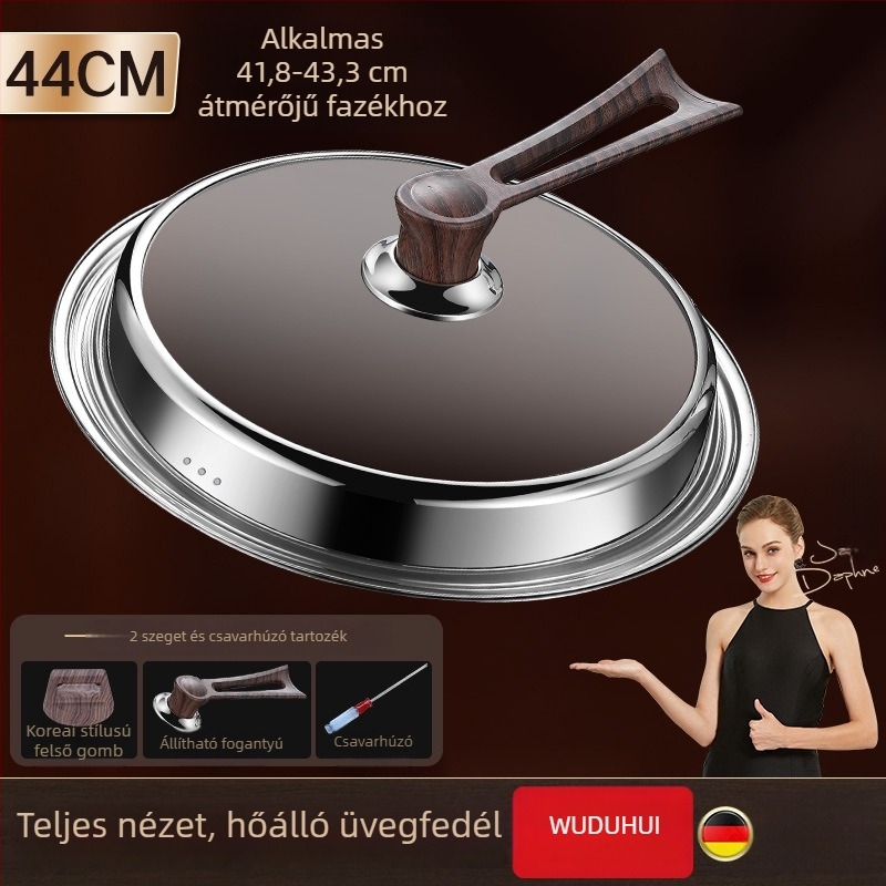 Kerek edényfedő wokhoz, edzett üveg, rozsdamentes acél kivitel, magas hőmérsékletnek ellenálló, univerzális