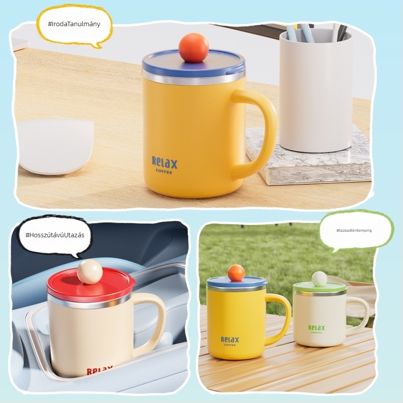 304 rozsdamentes acélból készült bögre fedéllel és mérő skálával, aranyos stílusú diáknak, nagy kapacitású, ajándék