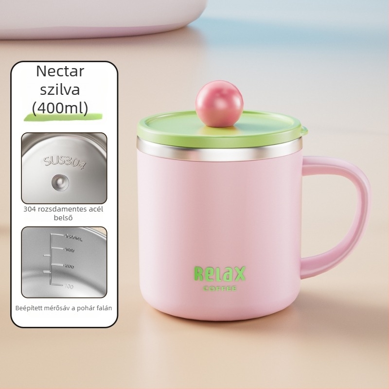 304 rozsdamentes acélból készült bögre fedéllel és mérő skálával, aranyos stílusú diáknak, nagy kapacitású, ajándék
