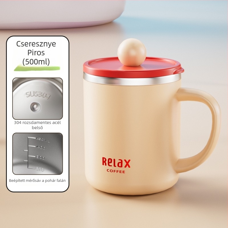 304 rozsdamentes acélból készült bögre fedéllel és mérő skálával, aranyos stílusú diáknak, nagy kapacitású, ajándék