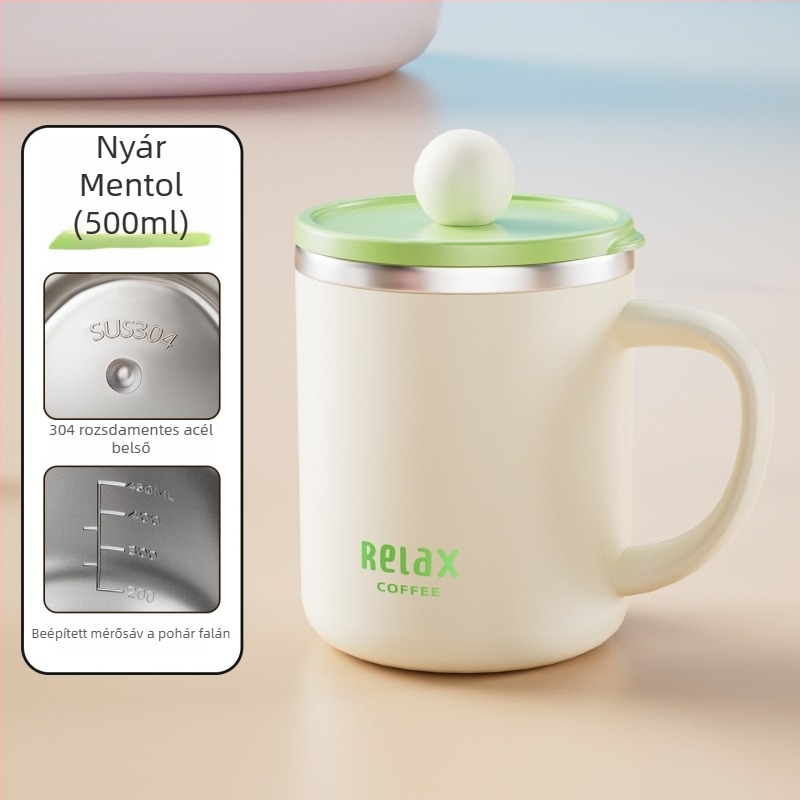 304 rozsdamentes acélból készült bögre fedéllel és mérő skálával, aranyos stílusú diáknak, nagy kapacitású, ajándék