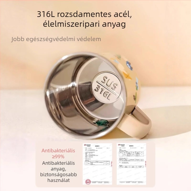316-os rozsdamentes acél gyerekeknek készült tejpohár fogantyúval, fedéllel és mérőskálával