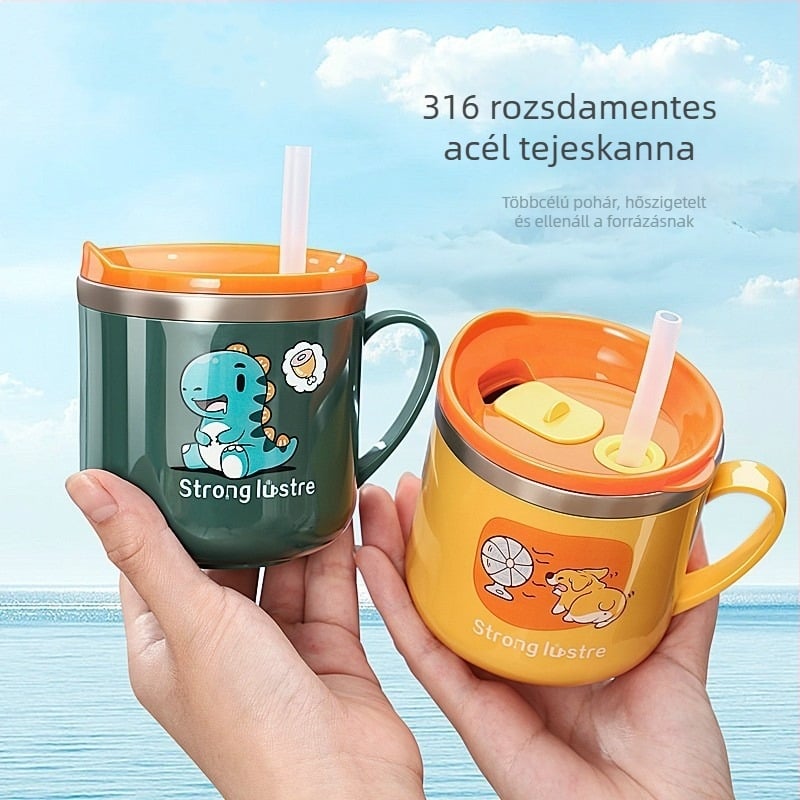 Gyerekeknek tervezett karikatúra-stílusú pohár 316-os rozsdamentes acélból, ütésálló, mérőskála és szívószál