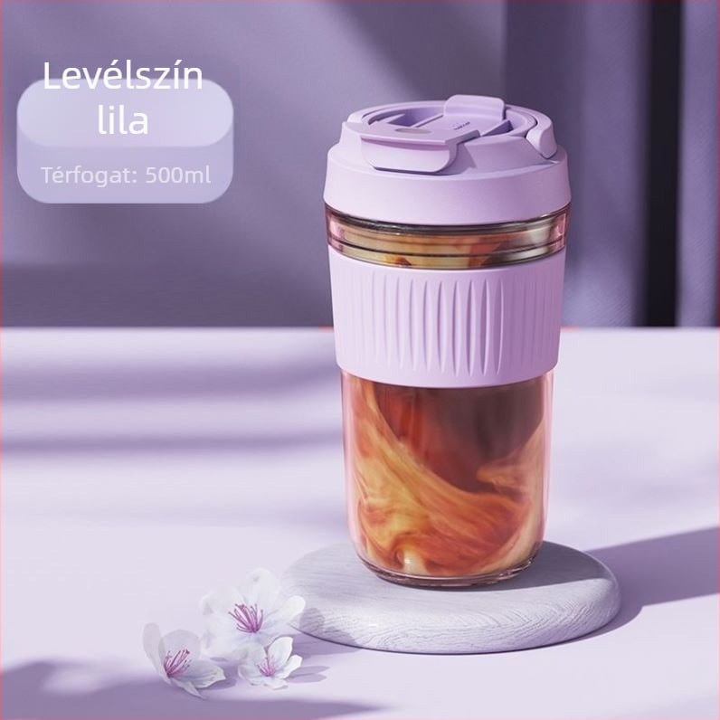 Hőálló üvegpohár szívószállal, kézzel készített, fedéllel; ideális irodai használatra kávéhoz és tejhez.