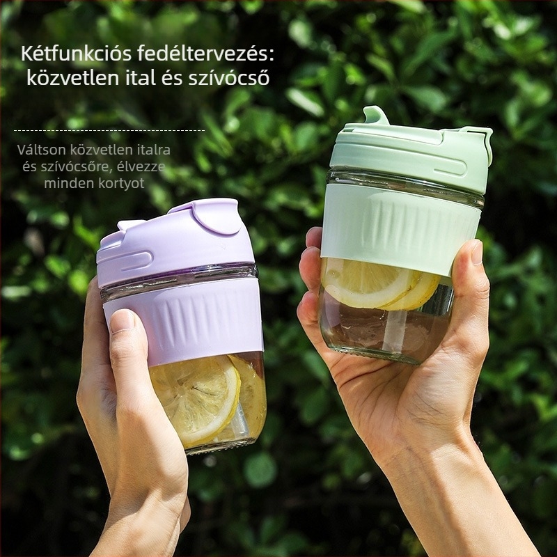 Hőálló üvegpohár szívószállal, kézzel készített, fedéllel; ideális irodai használatra kávéhoz és tejhez.