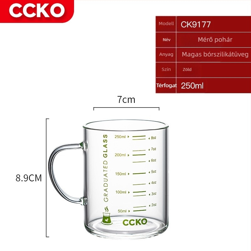 Gyerekeknek készült tejpohár mérőskálával, hőálló boroszilikát üveg, mikrohullámú sütőben használható, fogantyúval