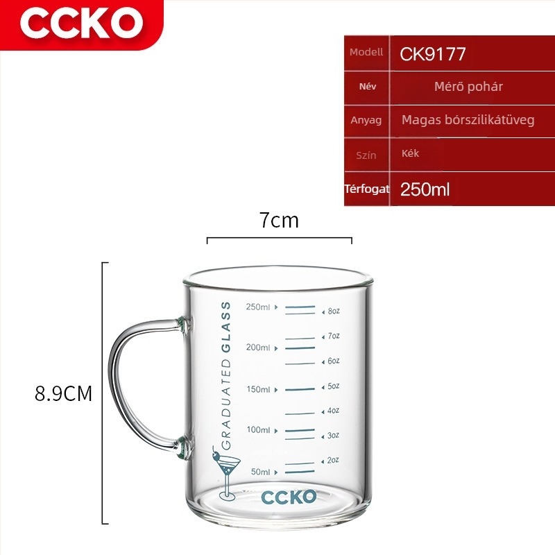 Gyerekeknek készült tejpohár mérőskálával, hőálló boroszilikát üveg, mikrohullámú sütőben használható, fogantyúval