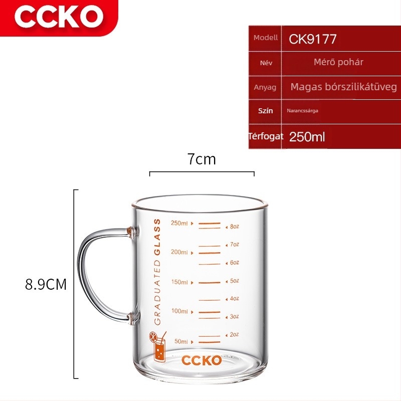 Gyerekeknek készült tejpohár mérőskálával, hőálló boroszilikát üveg, mikrohullámú sütőben használható, fogantyúval