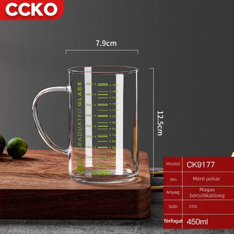 Gyerekeknek készült tejpohár mérőskálával, hőálló boroszilikát üveg, mikrohullámú sütőben használható, fogantyúval