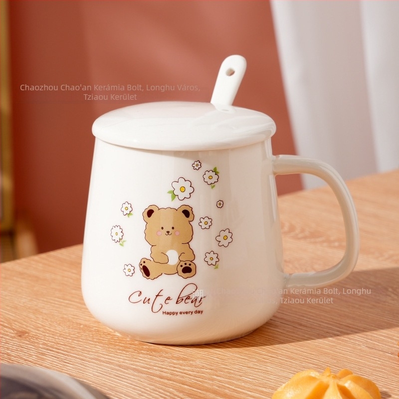 Kerámia hengeres bögre fedővel és kanállal otthoni használatra