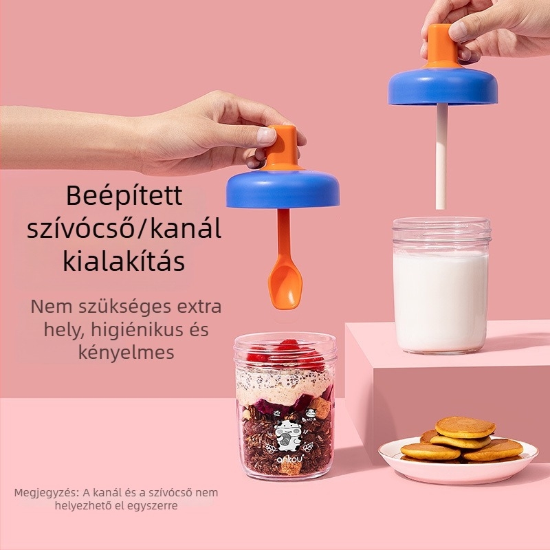 Anko Zárt éjszakai zabpehely pohár fedővel és kanállal, hordozható üvegpohár reggelire, 400 ml