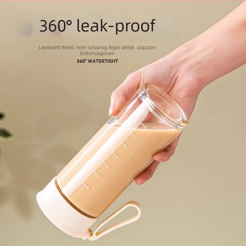 Üveg pohár tejhez fogantyúval és mérőskálával, mikróbiztos, hordozható