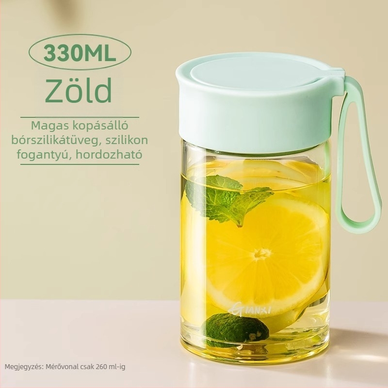 Üveg pohár tejhez fogantyúval és mérőskálával, mikróbiztos, hordozható