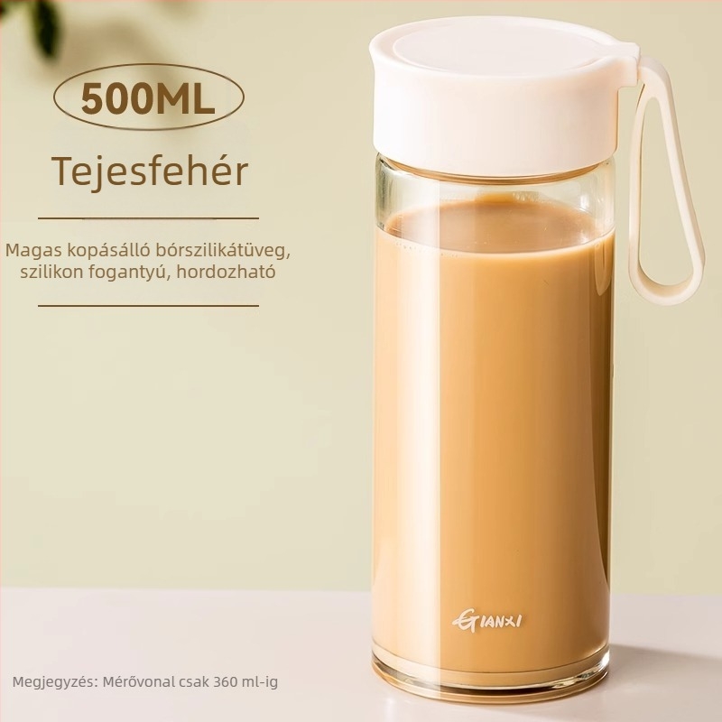 Üveg pohár tejhez fogantyúval és mérőskálával, mikróbiztos, hordozható