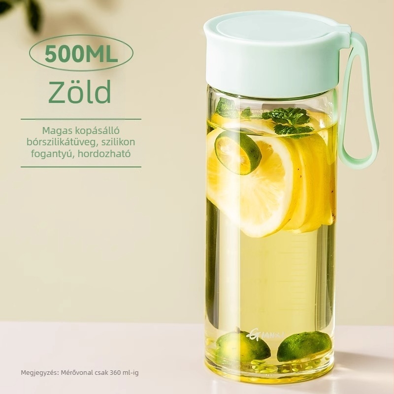 Üveg pohár tejhez fogantyúval és mérőskálával, mikróbiztos, hordozható