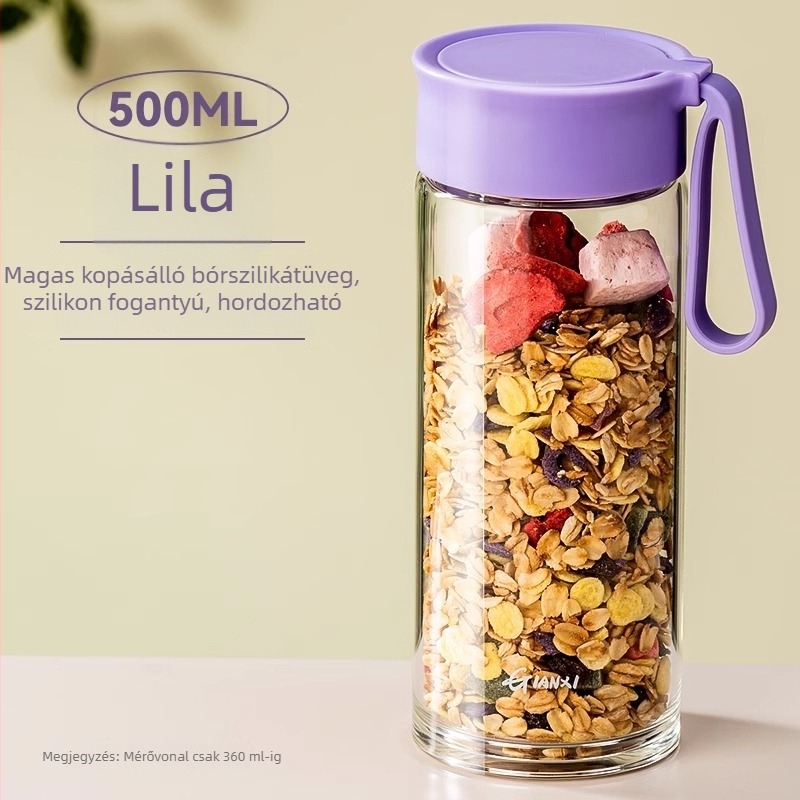 Üveg pohár tejhez fogantyúval és mérőskálával, mikróbiztos, hordozható