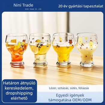 Üvegpohár, magas bóroszilikát-üveg, kerek forma, rajzfilm minta, aranyos stílus, logó nyomtatás