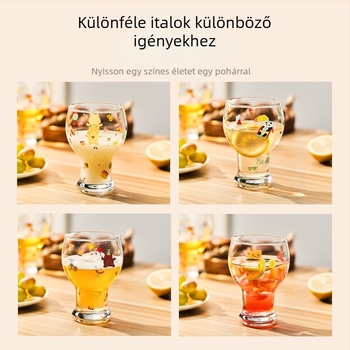 Üvegpohár, magas bóroszilikát-üveg, kerek forma, rajzfilm minta, aranyos stílus, logó nyomtatás