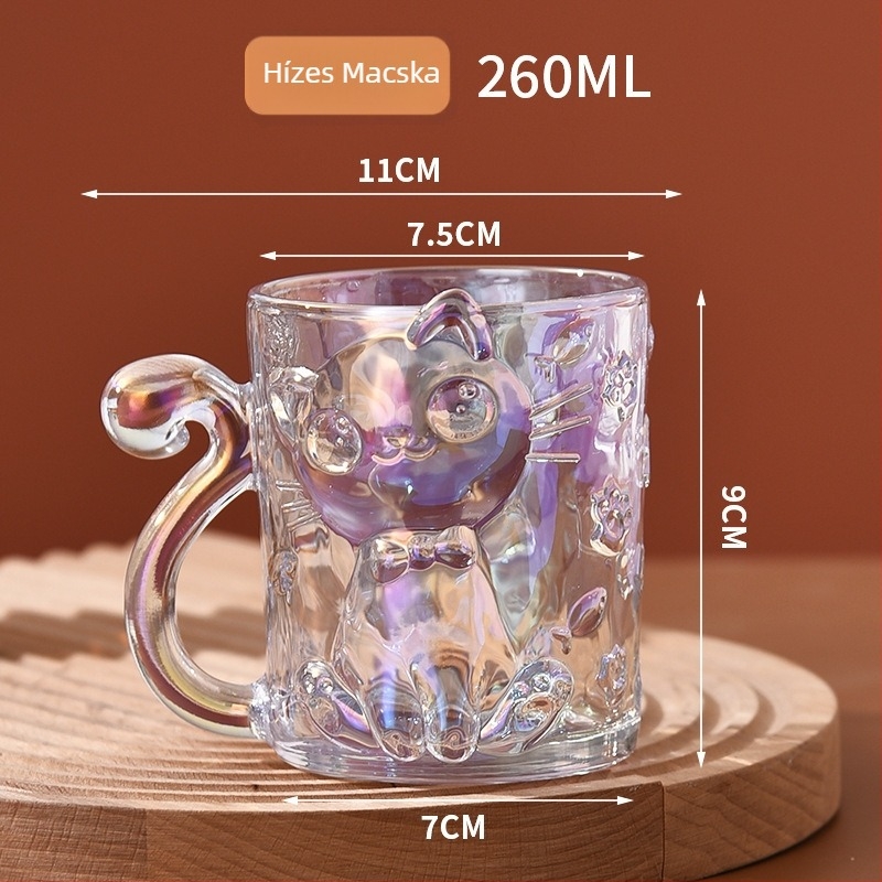 Kristályüveg pohár karikatúra macska dizájnnal, hengeres formájú fogantyúval (kristályos üveg; karikatúra stílus; hengeres forma; 200 g; testreszabható)