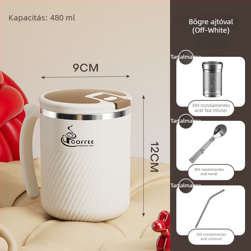 Tea infúzorral ellátott bögre, 304 rozsdamentes acélból, hordozható, fedéllel és kanállal