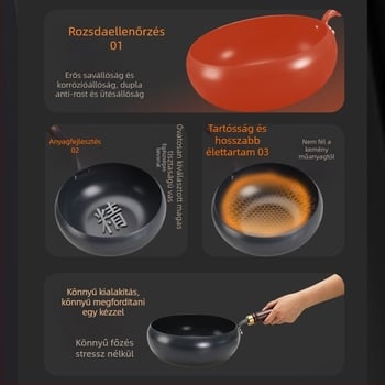 Finomított vasból készült wok, nagy hasi formával, bevonat nélkül, lapos aljzattal, üvegfedéllel, 1,4 kg, kínai stílus, indukciós kompatibilis
