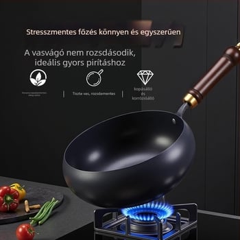 Finomított vasból készült wok, nagy hasi formával, bevonat nélkül, lapos aljzattal, üvegfedéllel, 1,4 kg, kínai stílus, indukciós kompatibilis
