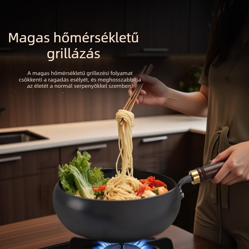 Finomított vasból készült wok, nagy hasi formával, bevonat nélkül, lapos aljzattal, üvegfedéllel, 1,4 kg, kínai stílus, indukciós kompatibilis