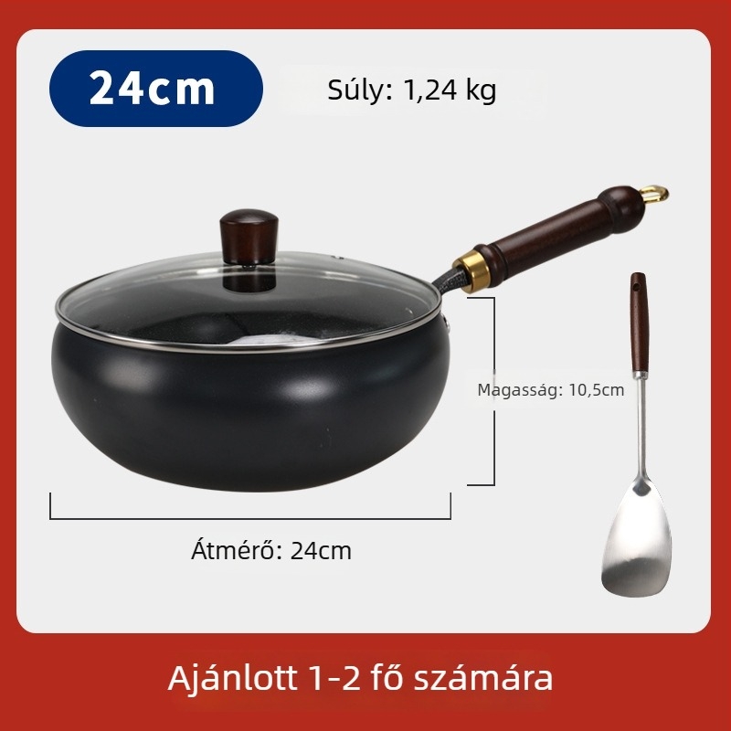 Finomított vasból készült wok, nagy hasi formával, bevonat nélkül, lapos aljzattal, üvegfedéllel, 1,4 kg, kínai stílus, indukciós kompatibilis