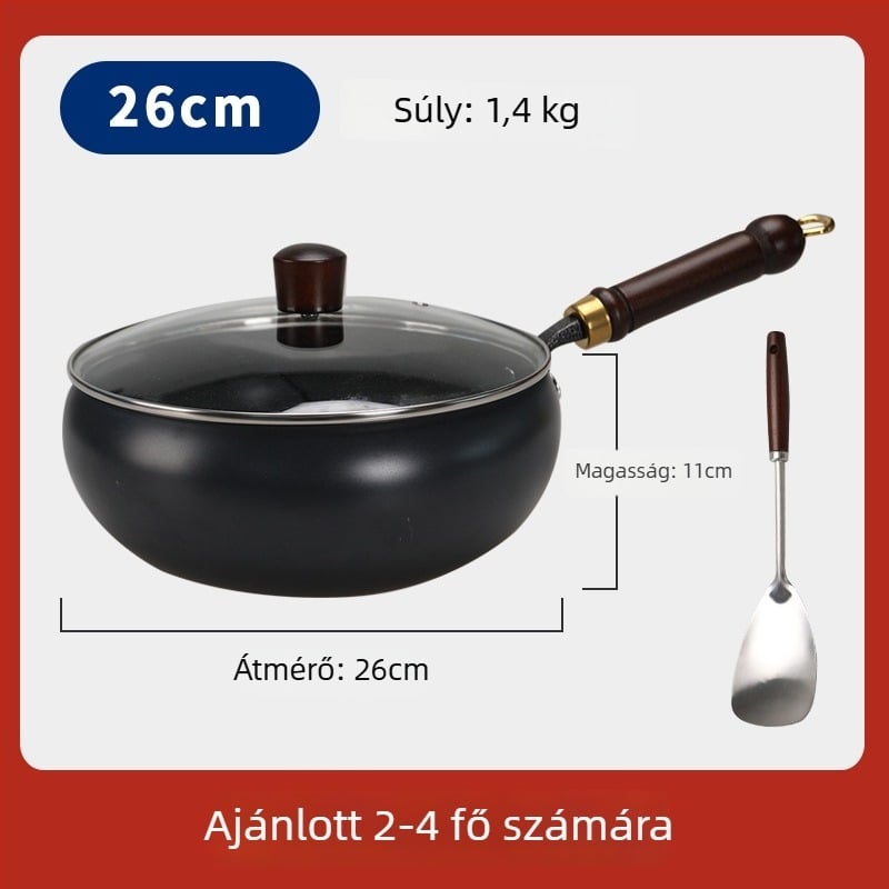 Finomított vasból készült wok, nagy hasi formával, bevonat nélkül, lapos aljzattal, üvegfedéllel, 1,4 kg, kínai stílus, indukciós kompatibilis