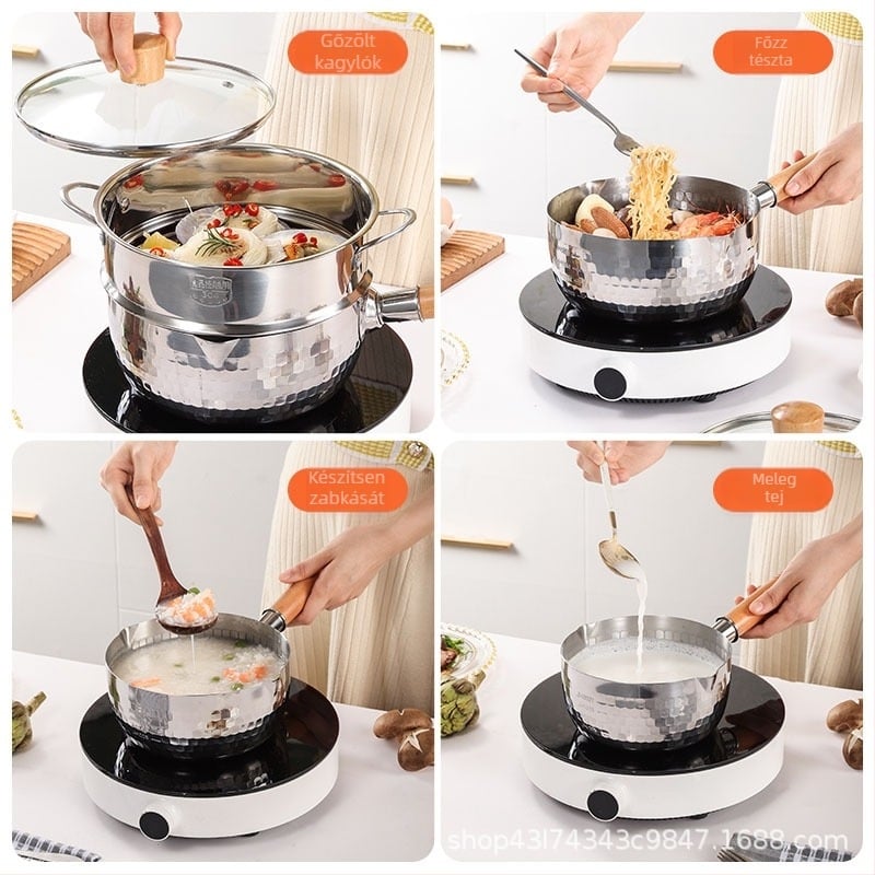 304 rozsdamentes acélból készült tejfazék, japán stílusú, bevonat nélküli, steamerrel és üvegfedővel, egyrétegű aljzattal, modell 5485754