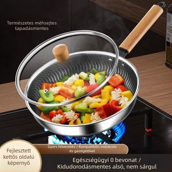 Maifan kő bevonatú wok serpenyő, tapadásmentes, 316 rozsdamentes acélból, üveg fedővel, egyrétegű aljzattal