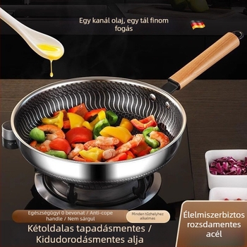 Maifan kő bevonatú wok serpenyő, tapadásmentes, 316 rozsdamentes acélból, üveg fedővel, egyrétegű aljzattal