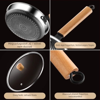 Maifan kő bevonatú wok serpenyő, tapadásmentes, 316 rozsdamentes acélból, üveg fedővel, egyrétegű aljzattal