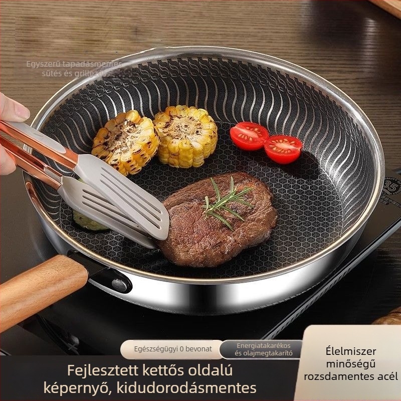 Maifan kő bevonatú wok serpenyő, tapadásmentes, 316 rozsdamentes acélból, üveg fedővel, egyrétegű aljzattal