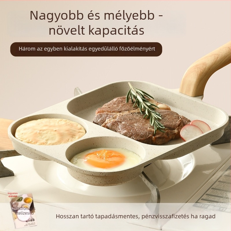 Három az egyben reggelis serpenyő – orvosi kő anyagú, tapadásmentes, indukciós kompatibilis, többszörös rétegű alj