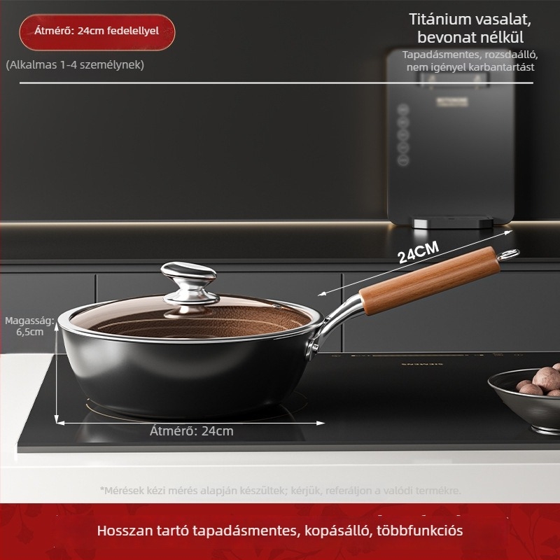 Titánvas wok, egylapos aljzattal, üvegfedővel, rozsdamentes, testreszabható