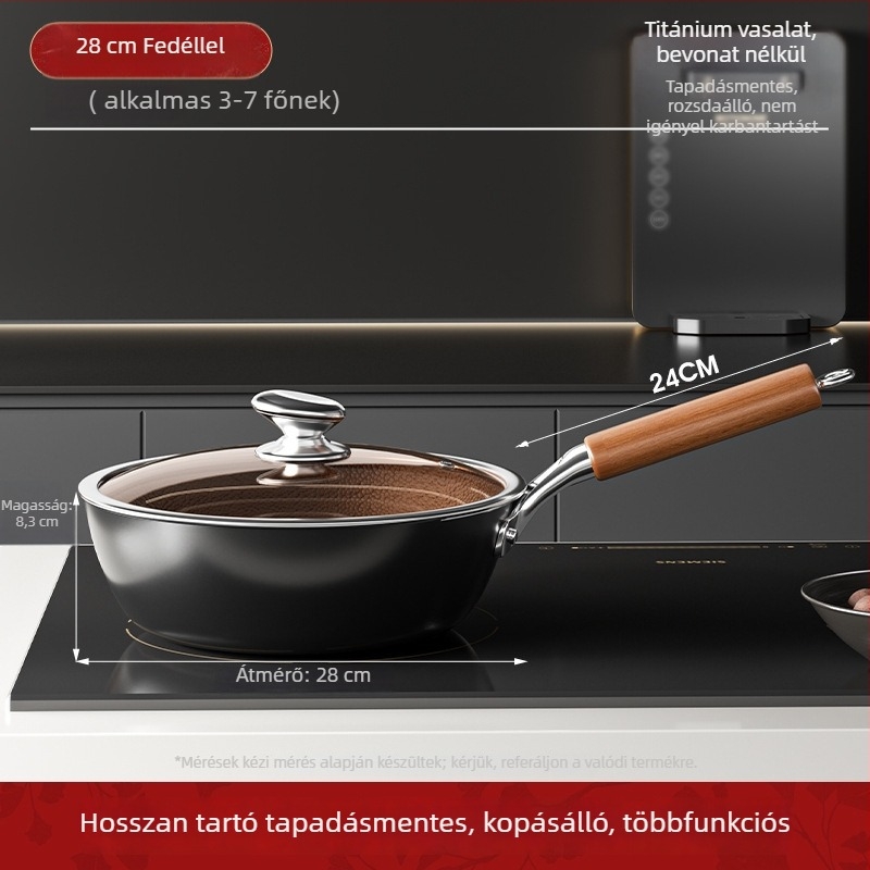Titánvas wok, egylapos aljzattal, üvegfedővel, rozsdamentes, testreszabható