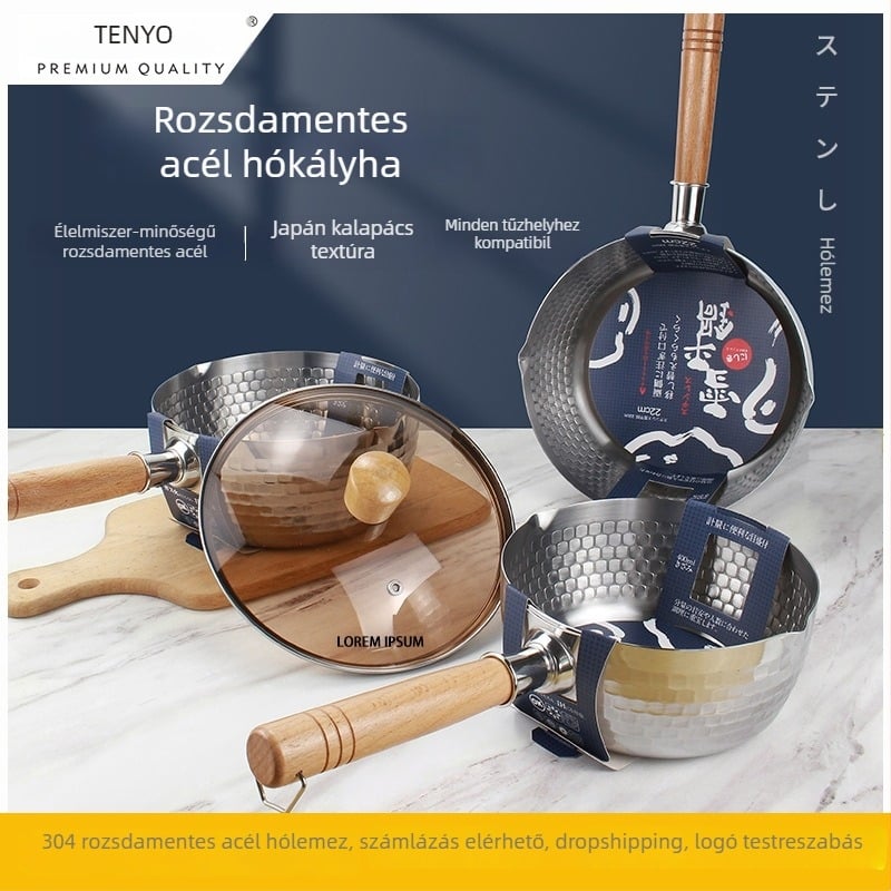 304 rozsdamentes acél tejfazék fab fogantyúval, bevonat nélkül, üvegfedél, egylapos alj